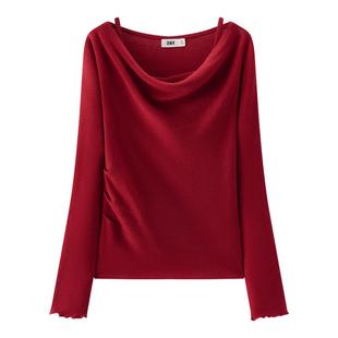 森马针织衫女春荡领假两件木耳边红色修身2026新款新年小心机衣服