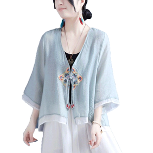 纯色菱形团花飘带盘扣假两件七分袖开衫刺绣衬衫女夏季中国风上衣