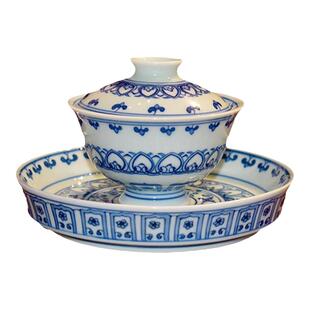 青花盖碗手绘宝相两才泡茶碗景德镇柴窑手工壶承陶瓷功夫茶具盖碗