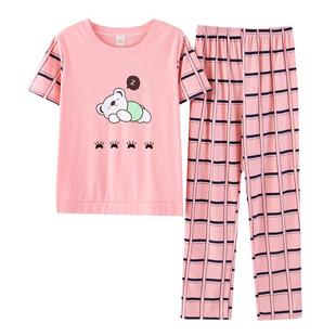 夏季短袖长裤纯棉睡衣女夏天薄款全棉可爱卡通休闲家居服两件套装