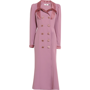 QC2026早春新款女装气质西装方领泡泡袖修身显瘦鱼尾连衣裙长裙