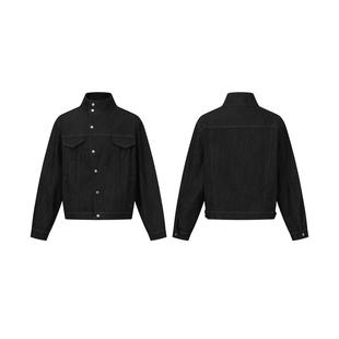 BurnBro美式复古原牛硬挺斜扣短款宽松牛仔夹克男女潮牌boxy外套