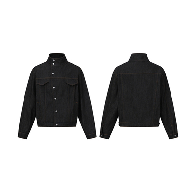 原牛硬挺斜扣短款宽松牛仔夹克