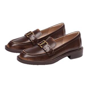蹀愫秋冬牛皮圆头英伦小皮鞋复古金扣乐福鞋TA65140-52