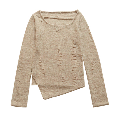 棕绿羊毛软糯破洞毛衣