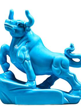 蓝色陶瓷牛摆件十二生肖牛气冲天
