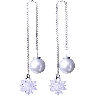 s925纯银冰花耳线珍珠长款水晶流苏耳坠百搭气质韩国雪花吊坠耳环