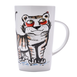十二生肖虎马克杯礼盒装创意礼品有杯盖骨瓷釉上彩中式水墨风