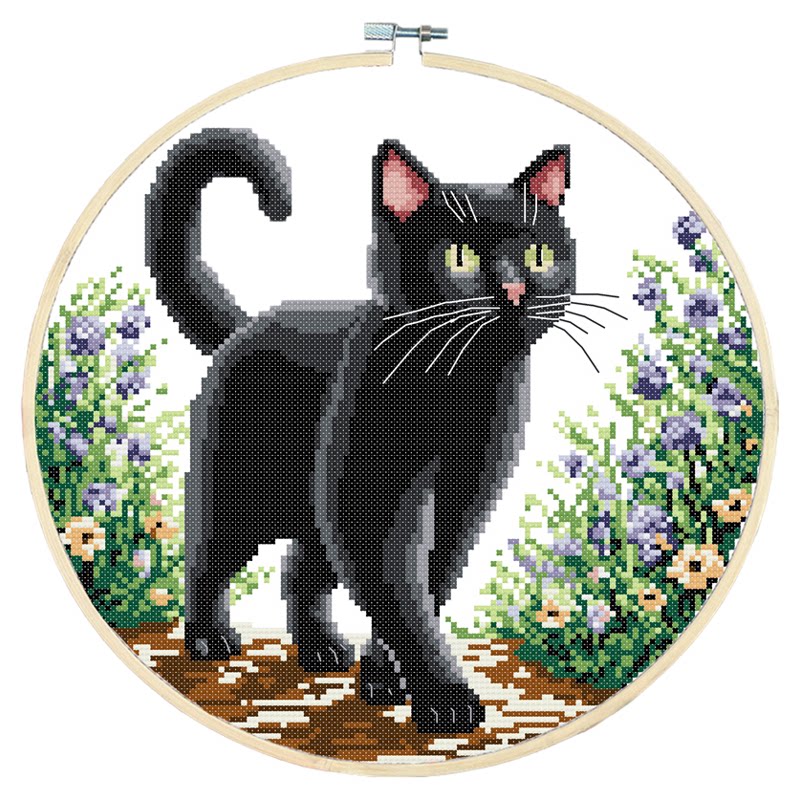免框圆形十字绣黑色猫咪狐狸蜜蜂