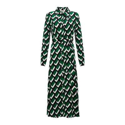 DVF绿白立体几何豹纹提花连衣裙