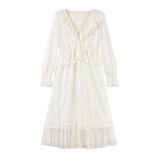 秋水伊人梦幻百搭蕾丝网纱裙2026年春季新款女收腰简约仙女连衣裙