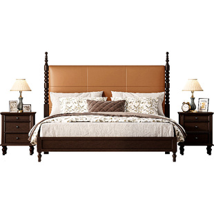 美式全实木床1米8法式复古主卧双人床中古风高靠背床胡桃色温妮床