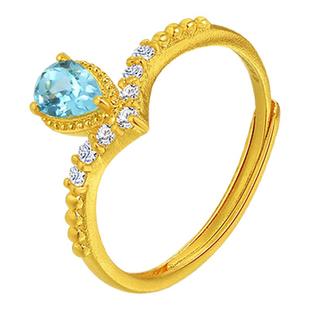 老庙黄金足金托帕石皇冠戒指活口可调节海洋蓝清新水滴V型显手修