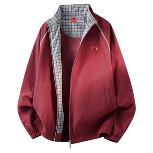 查尔斯桃心美式格纹本命红色夹克男春秋季新款潮牌立领教练服外套