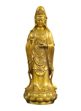 纯黄铜南海观音站像佛堂供奉摆件