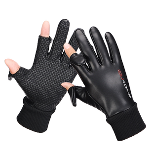 手套男冬季加绒保暖骑行触屏送外卖快递漏二指翻盖PU皮手套定制