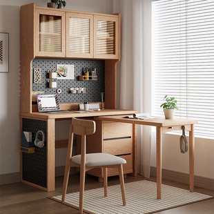 转角书桌书架一体桌子电脑桌书柜靠墙家用床边桌实木书桌家用学生