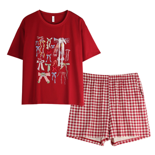 轩靓睡衣女夏季薄款莫代尔棉短袖短裤红色冰丝凉感大码家居服套装