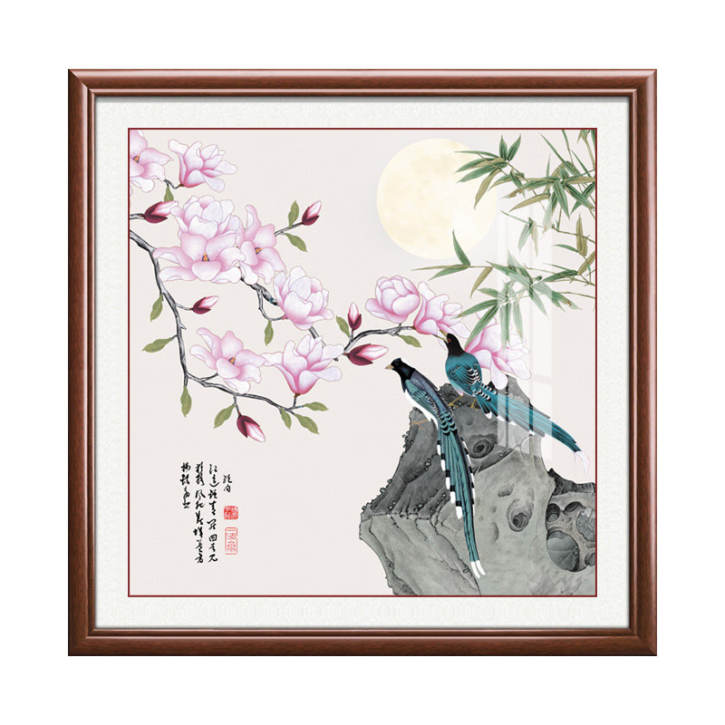 新中式玄关过道招财花鸟实木挂画