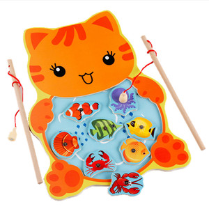 幼儿园青蛙小猫儿童木制钓鱼玩具 磁性益智钓鱼池竿宝宝桌面玩具
