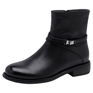 沙驰女鞋冬季加绒保暖时装靴女靴2025新款皮带扣牛皮真皮马丁靴子