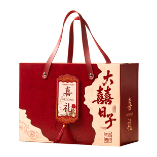 中式婚礼瓦楞喜糖盒红色古典手提礼盒结婚糖果包装盒流苏装饰空盒