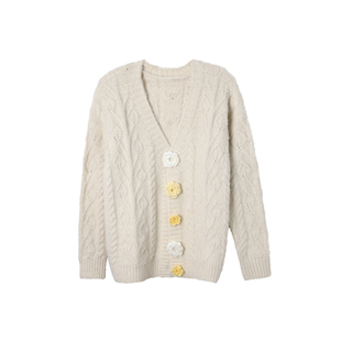 有耳uare原创设计 山茶私语 立体手钩花朵羊毛混纺毛衣开衫外套