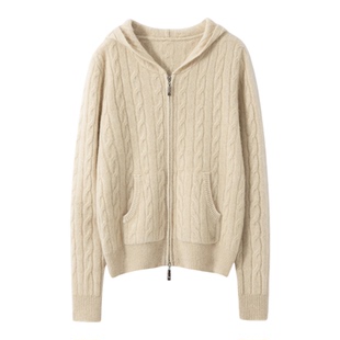 2025新款秋冬100%纯山羊绒衫女连帽针织绞花加厚宽松拉链开衫外套