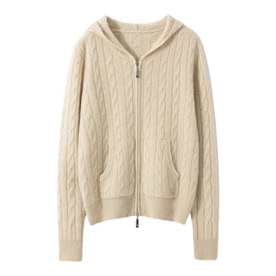 2025新款秋冬100%纯山羊绒衫女连帽针织绞花加厚宽松拉链开衫外套