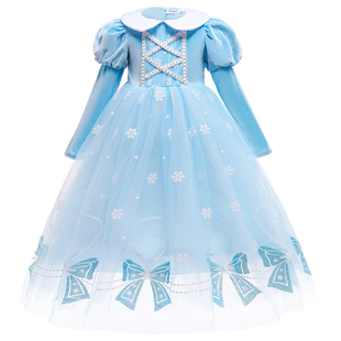 春秋季女童冰雪奇缘长袖连衣裙子 儿童艾莎公主裙灰姑娘纯色礼服