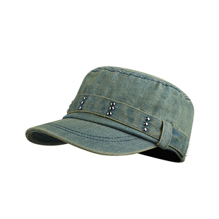 酷飒女孩做旧牛仔铆钉平顶帽子女日系复古百搭显脸小鸭舌帽马术帽