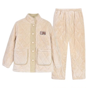 芬腾立领睡衣女冬季三层夹棉加厚加绒珊瑚绒时尚高端家居服可外穿