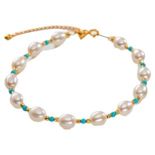 南珠宫S925银 小众个性款淡水珍珠蓝松石花式手链链 C-S047SD-J