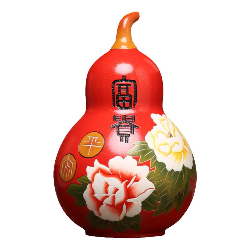 中国红陶瓷招财中式入户葫芦摆件