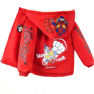 男童红色外套冬季儿童棉衣男孩男宝夹棉加厚奥特曼棉服一件过冬