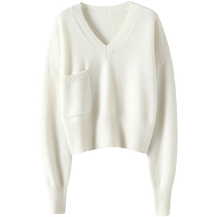 上身明星范！加厚V领羊绒衫女口袋纯羊绒毛衣套头短款针织衫宽松