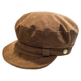 咖色麂皮绒海军帽子女显脸小软檐时尚复古平顶港风画家帽子鸭舌帽