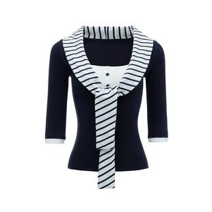 4muggle海军风亨利领假两件七分袖上衣条纹打结针织慵懒打底女