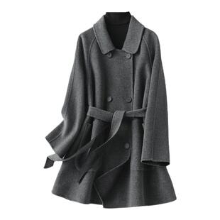 双面羊毛大衣女中长款系带高级灰小个子春秋新款韩版时尚毛呢外套