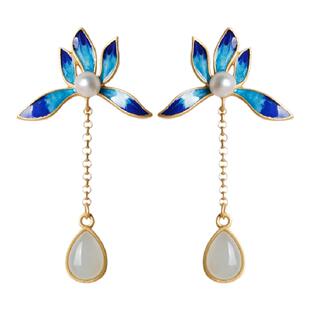 小银匠纯银和田玉莲花耳环女新中式国风高级景泰蓝色水滴耳坠耳饰