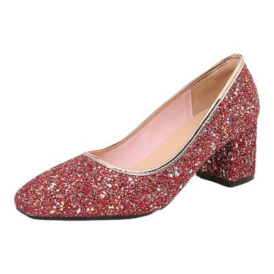 百诗友方头粗跟高跟鞋订婚水晶鞋