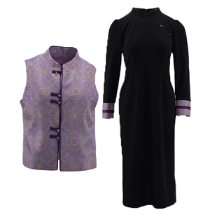 马天奴2026春夏新款新中式黑色提花夹棉马甲连衣裙子两件套装国风