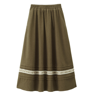 设计师款佐丹奴裙子女文艺风拼接织带松紧腰a字半身长裙18465534