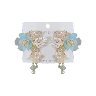 多巴胺彩色珍珠花朵发夹古风儿童头饰小女孩汉服配饰流苏步摇发卡