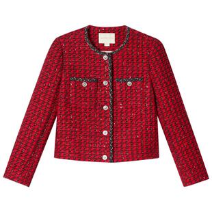 PSALTER诗篇羊毛混色花纱熔岩红千金学院小香风短外套冬款