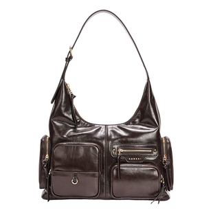 KARKKI/个奇头层牛皮复古多口袋机车包单肩腋下女包大容量托特包