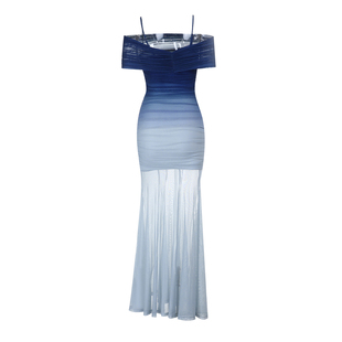 instahot 渐变海岛度假风一字肩礼服裙女2025秋季新款宴会长裙子