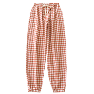 简约格子水洗棉女士睡裤春夏薄款加肥加大码宽松纯棉收口家居长裤