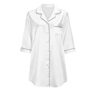 冰丝睡裙夏睡衣女性感男友风BF短袖丝绸少女夏季衬衫中裙春秋薄款