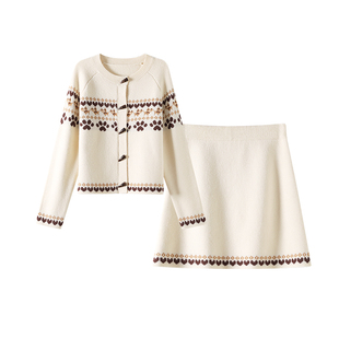 【北欧费尔岛套装】OSA欧莎复古提花针织衫毛衣外套半身裙两件套